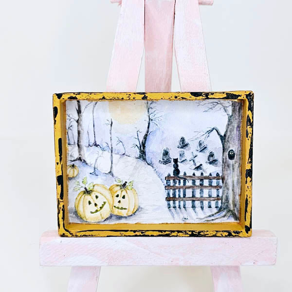 Kürbisse im Wald Nr. 1:2 Puppenhaus Miniatur handgemalte Kunst im Holzrahmen