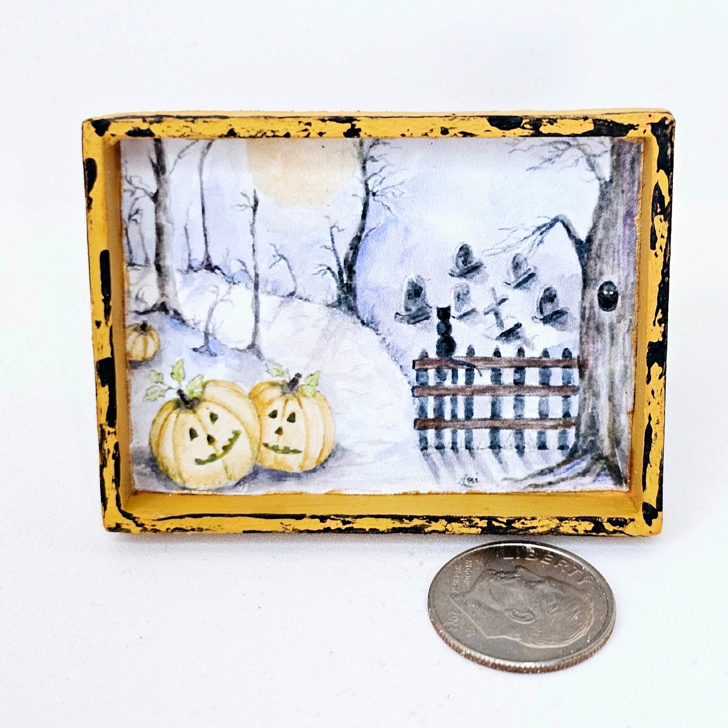 Kürbisse im Wald Nr. 1:2 Puppenhaus Miniatur handgemalte Kunst im Holzrahmen