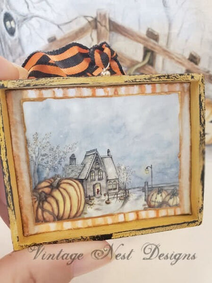 Puppenhaus Miniatur Halloween Kürbisse Nr.2:2 Handgefertigte Kunst im Holzrahmen