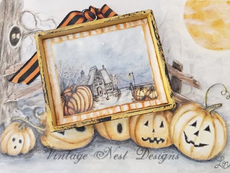 Puppenhaus Miniatur Halloween Kürbisse Nr.2:2 Handgefertigte Kunst im Holzrahmen