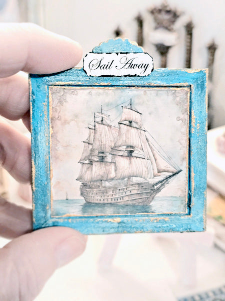 Ship Sailing Away No.1:1 Dollhouse Miniature Handmade Wooden Framed Art