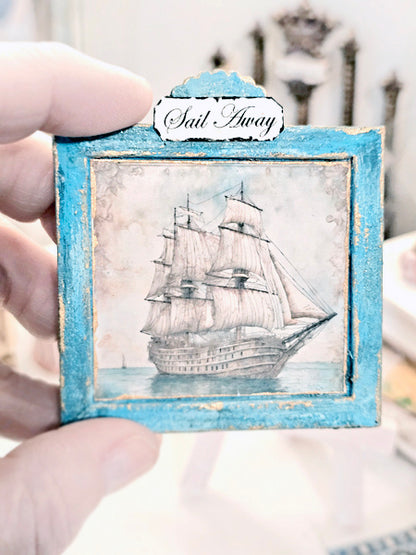 Ship Sailing Away No.1:1 Dollhouse Miniature Handmade Wooden Framed Art