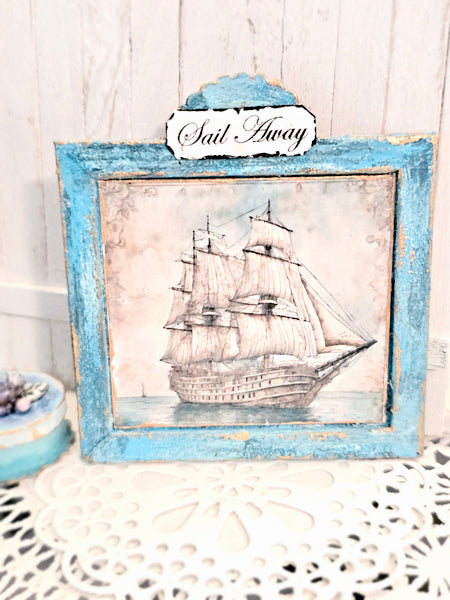 Ship Sailing Away No.1:1 Dollhouse Miniature Handmade Wooden Framed Art