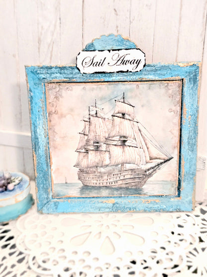 Ship Sailing Away No.1:1 Dollhouse Miniature Handmade Wooden Framed Art