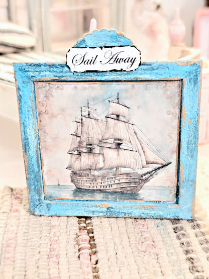 Ship Sailing Away No.1:1 Dollhouse Miniature Handmade Wooden Framed Art