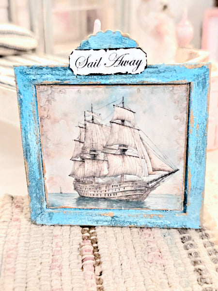 Ship Sailing Away No.1:1 Dollhouse Miniature Handmade Wooden Framed Art