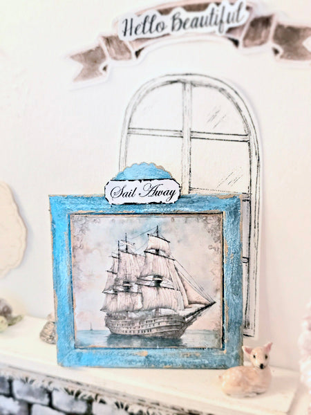Ship Sailing Away No.1:1 Dollhouse Miniature Handmade Wooden Framed Art