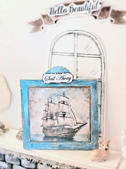 Ship Sailing Away No.1:1 Dollhouse Miniature Handmade Wooden Framed Art