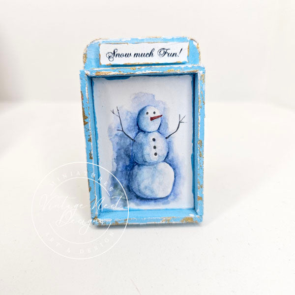 Miniature Snowman No.1:1 Blue Wood Frame Dollhouse Decor Diorama Shadow Box