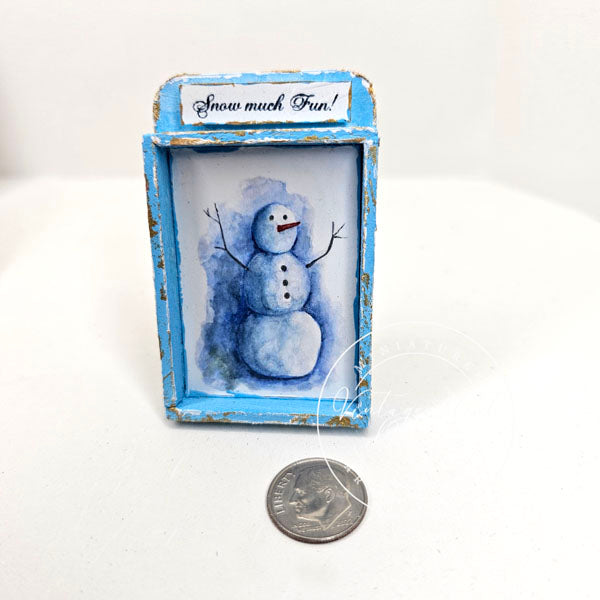 Miniature Snowman No.1:1 Blue Wood Frame Dollhouse Decor Diorama Shadow Box