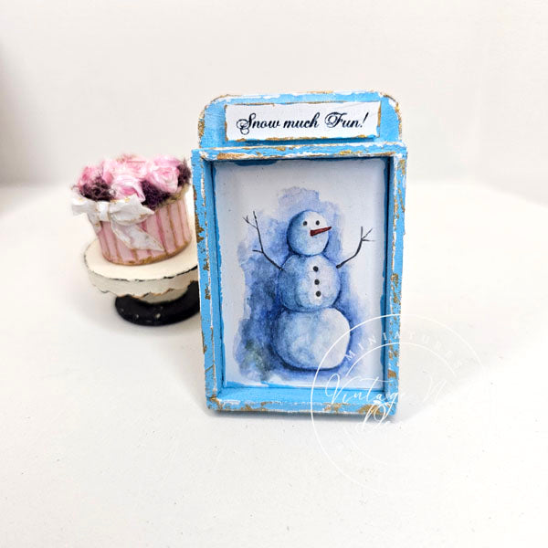 Miniature Snowman No.1:1 Blue Wood Frame Dollhouse Decor Diorama Shadow Box