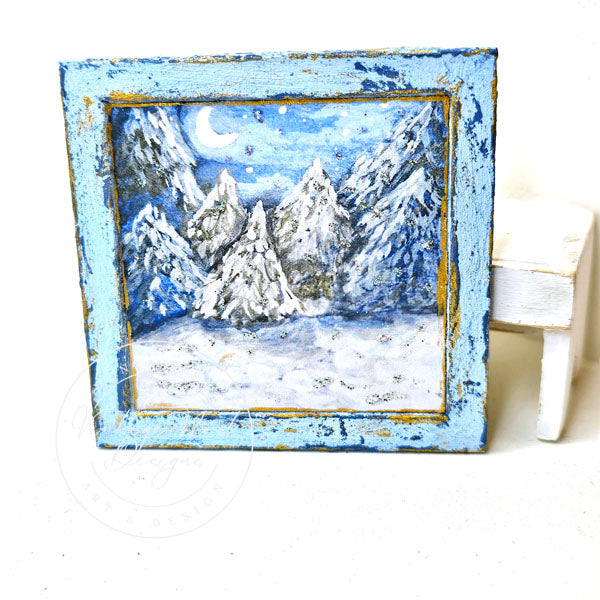 Miniature Winter Nights No.1:2 Handmade for Dollhouse Wooden Framed Art
