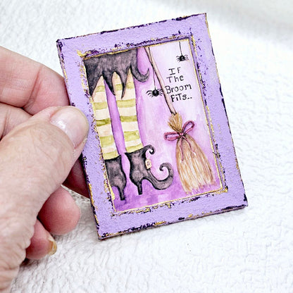 Miniature Witch If Broom Fits No.1:2 Handmade for Dollhouse Wooden Framed Art