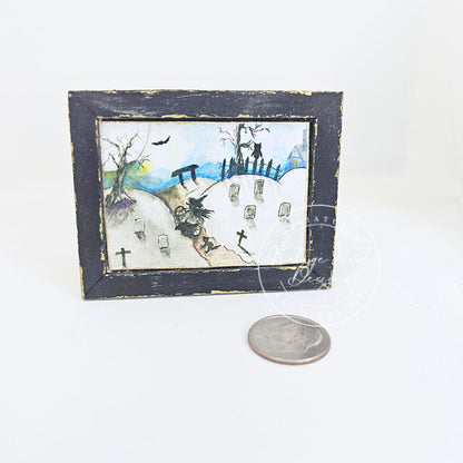 Miniature The Witch in the Cemetery No.1:2 Handmade for Dollhouse Wooden Framed Art