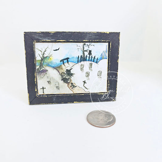 Miniature The Witch in the Cemetery No.1:2 Handmade for Dollhouse Wooden Framed Art
