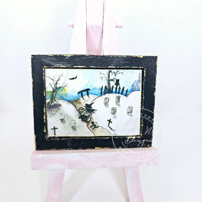 Miniature The Witch in the Cemetery No.1:2 Handmade for Dollhouse Wooden Framed Art