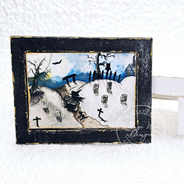 Miniature The Witch in the Cemetery No.1:2 Handmade for Dollhouse Wooden Framed Art