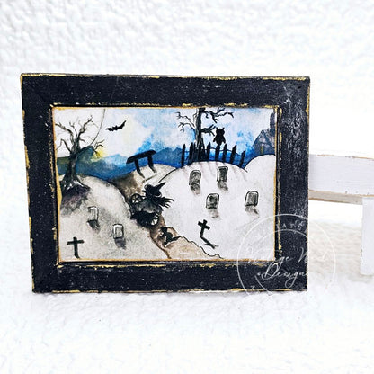 Miniature The Witch in the Cemetery No.1:2 Handmade for Dollhouse Wooden Framed Art