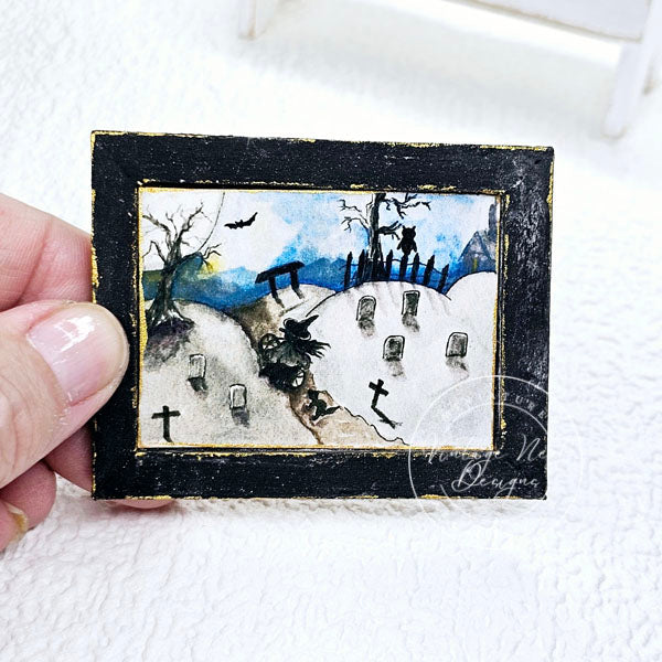 Miniature The Witch in the Cemetery No.1:2 Handmade for Dollhouse Wooden Framed Art