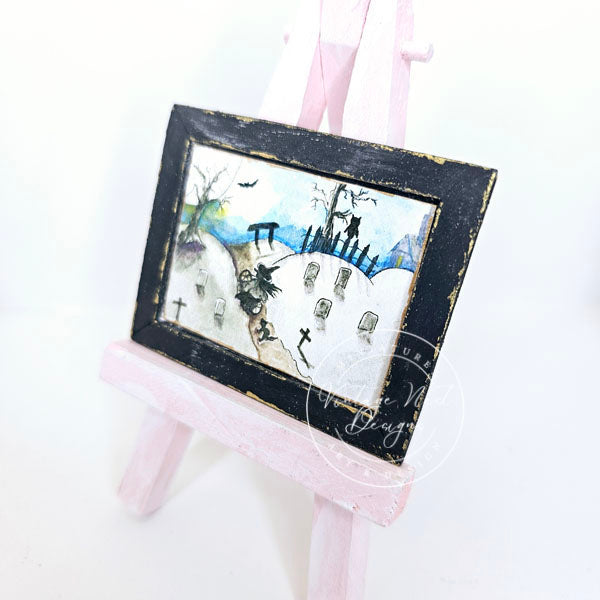 Miniature The Witch in the Cemetery No.1:2 Handmade for Dollhouse Wooden Framed Art