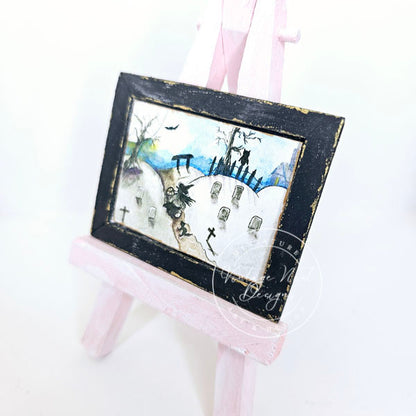 Miniature The Witch in the Cemetery No.1:2 Handmade for Dollhouse Wooden Framed Art