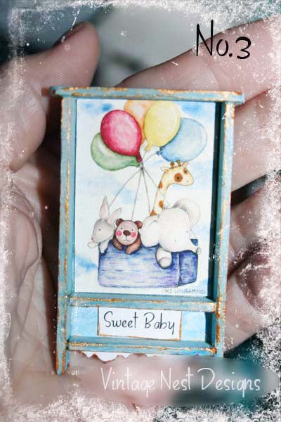 Animals & Balloons No.1:3 Dollhouse Miniature Handmade Wooden Framed Art