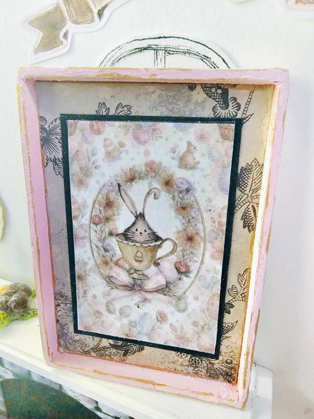 Miniature Bunny in Cup No.1:3 Handmade Framed Art for Dollhouse Diorama Shadow Box