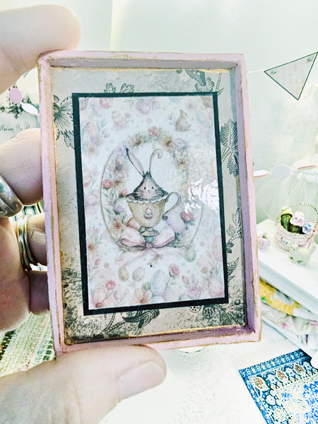 Miniature Bunny in Cup No.1:3 Handmade Framed Art for Dollhouse Diorama Shadow Box