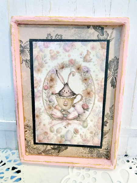 Miniature Bunny in Cup No.1:3 Handmade Framed Art for Dollhouse Diorama Shadow Box