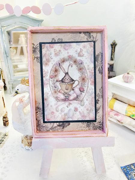Miniature Bunny in Cup No.1:3 Handmade Framed Art for Dollhouse Diorama Shadow Box