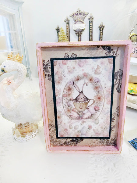 Miniature Bunny in Cup No.1:3 Handmade Framed Art for Dollhouse Diorama Shadow Box