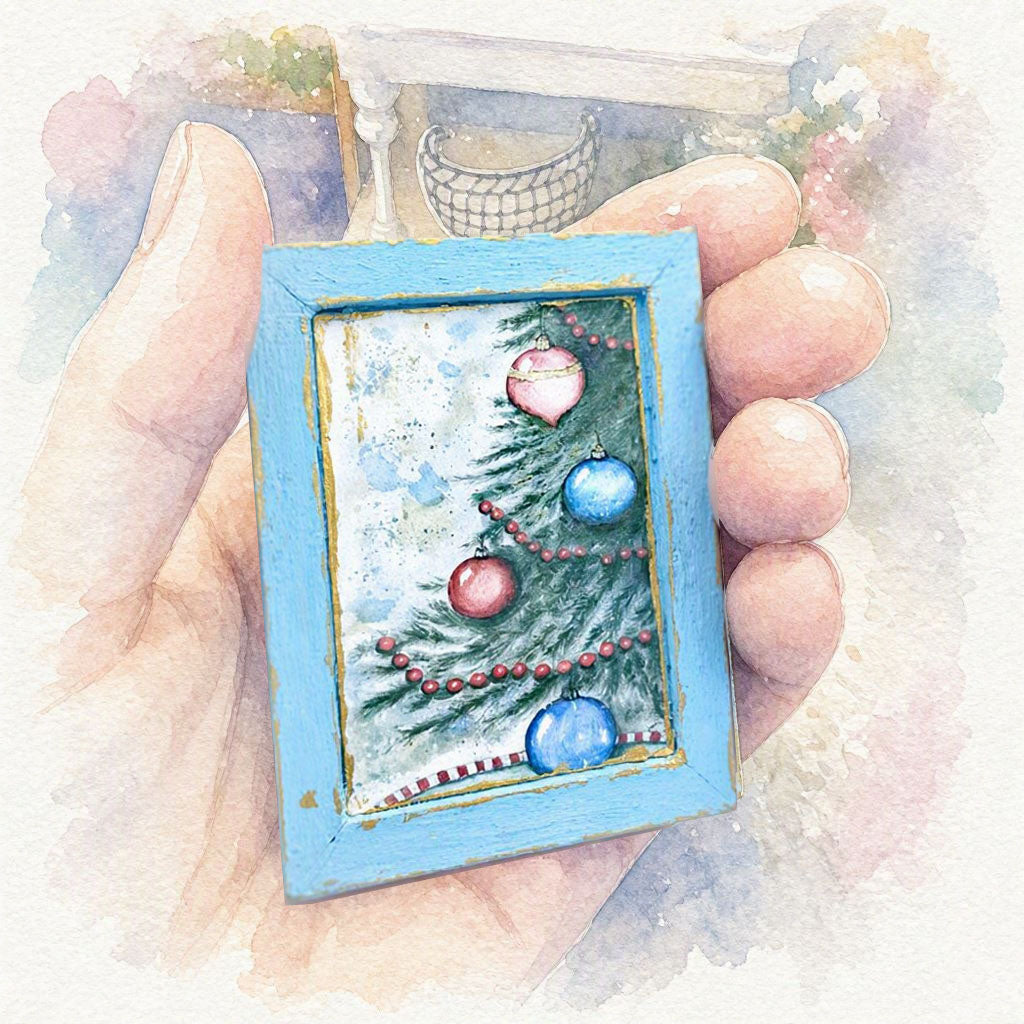Miniature Christmas Scene No.2:3 Handmade for Dollhouse Wooden Framed Art