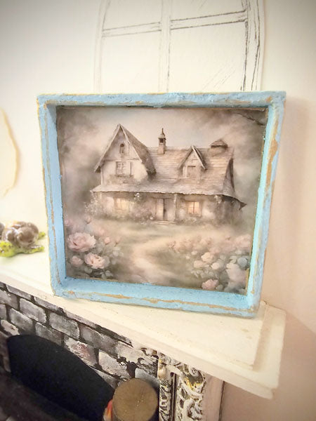 Miniature Cottage Farmhouse No.9-3 Blue Wood Frame Dollhouse Home Wall Decor Diorama Shadow Box 1:12 Scale