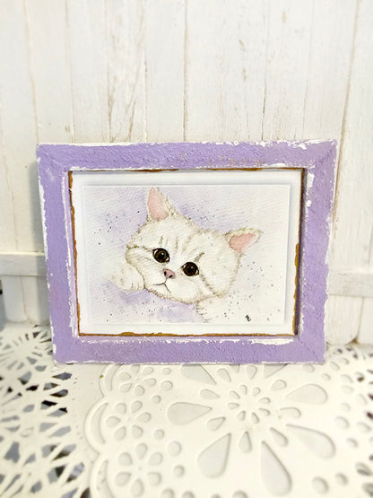 Miniature Kitten No.4-3 Lavender Frame Handmade for Dollhouse Diorama Shadow Box