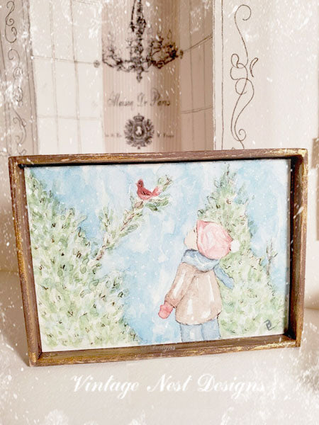 Miniature The Boy and the Cardinal No.1:3 Handmade for Dollhouse Diorama Shadow Box