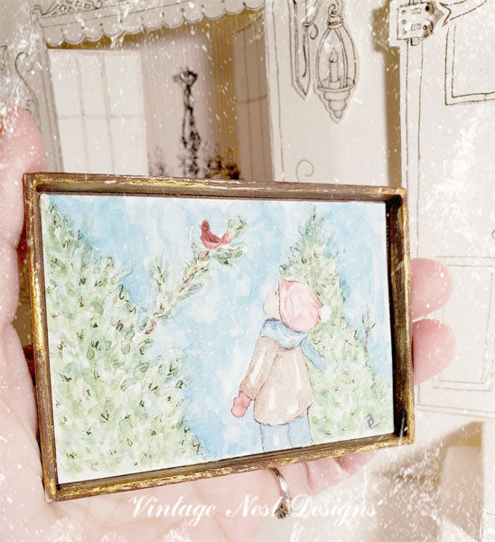 Miniature The Boy and the Cardinal No.1:3 Handmade for Dollhouse Diorama Shadow Box