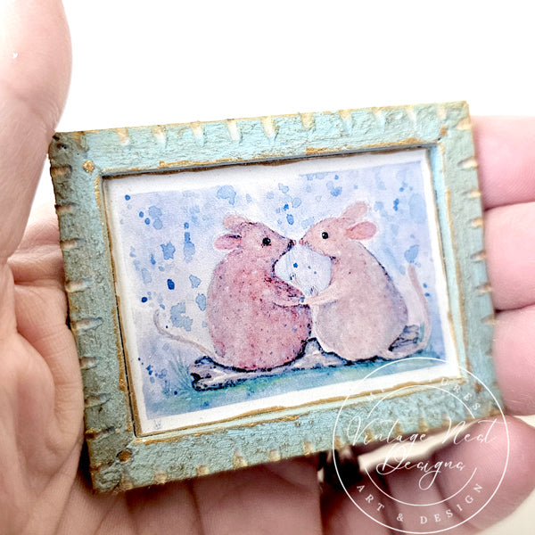 Miniature Mice No.9-3 Blue Wood Frame Dollhouse Home Decor Diorama Shadow Box 1:12 Scale
