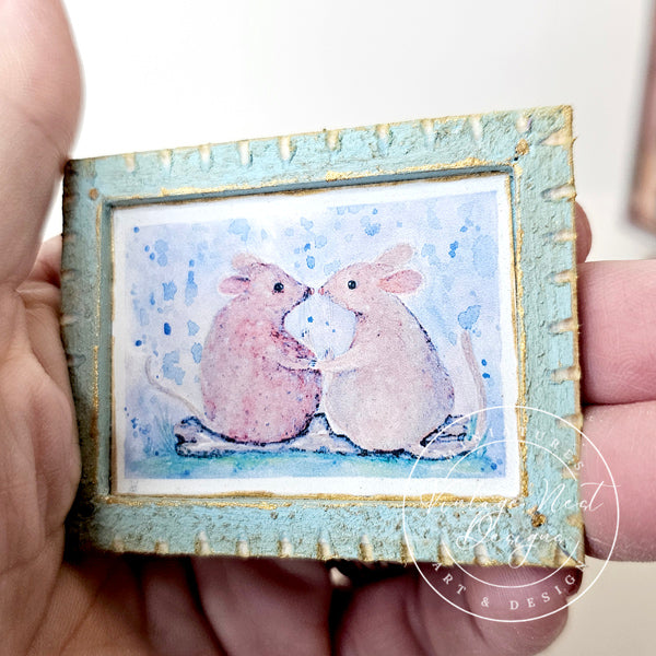 Miniature Mice No.9-3 Blue Wood Frame Dollhouse Home Decor Diorama Shadow Box 1:12 Scale