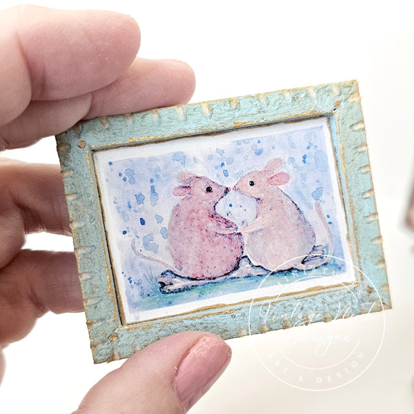 Miniature Mice No.9-3 Blue Wood Frame Dollhouse Home Decor Diorama Shadow Box 1:12 Scale
