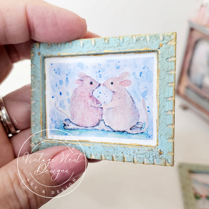 Miniature Mice No.9-3 Blue Wood Frame Dollhouse Home Decor Diorama Shadow Box 1:12 Scale