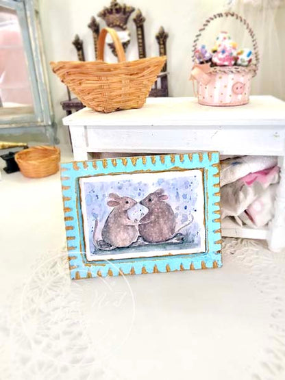 Miniature Mice No.9-3 Blue Wood Frame Dollhouse Home Decor Diorama Shadow Box 1:12 Scale