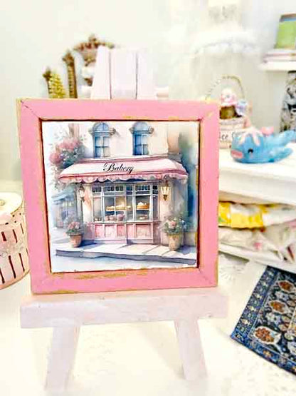 Miniature Pink Bakery Shop No.1:3 Wooden Framed Art Handmade for Dollhouse