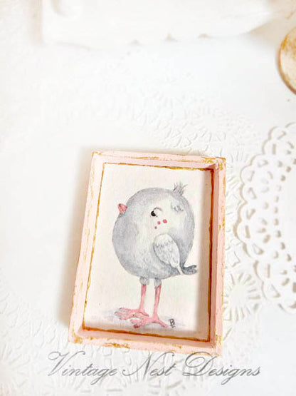 Miniature Pink Tweet No.1:3 Wood Frame Dollhouse Wall House Decor Diorama Shadow Box