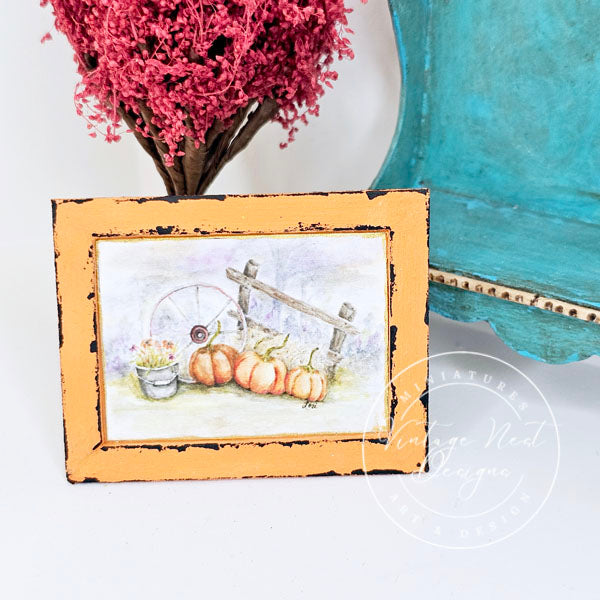 Miniature Halloween Pumpkin Patch No.3:3 Handmade for Dollhouse Wooden Framed Art