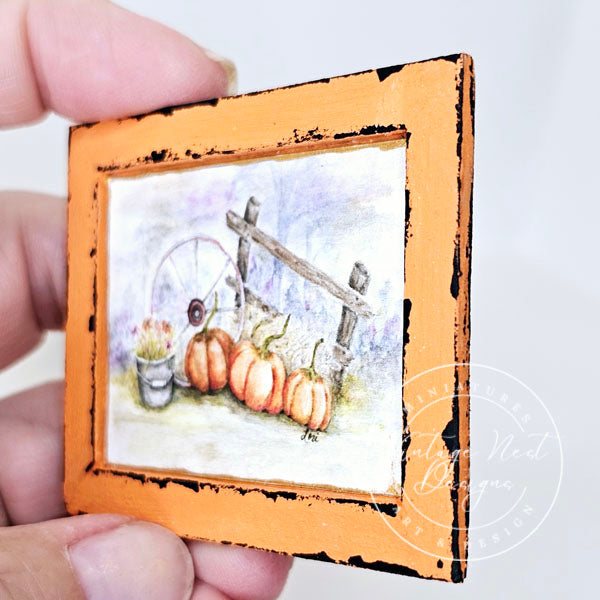 Miniature Halloween Pumpkin Patch No.3:3 Handmade for Dollhouse Wooden Framed Art