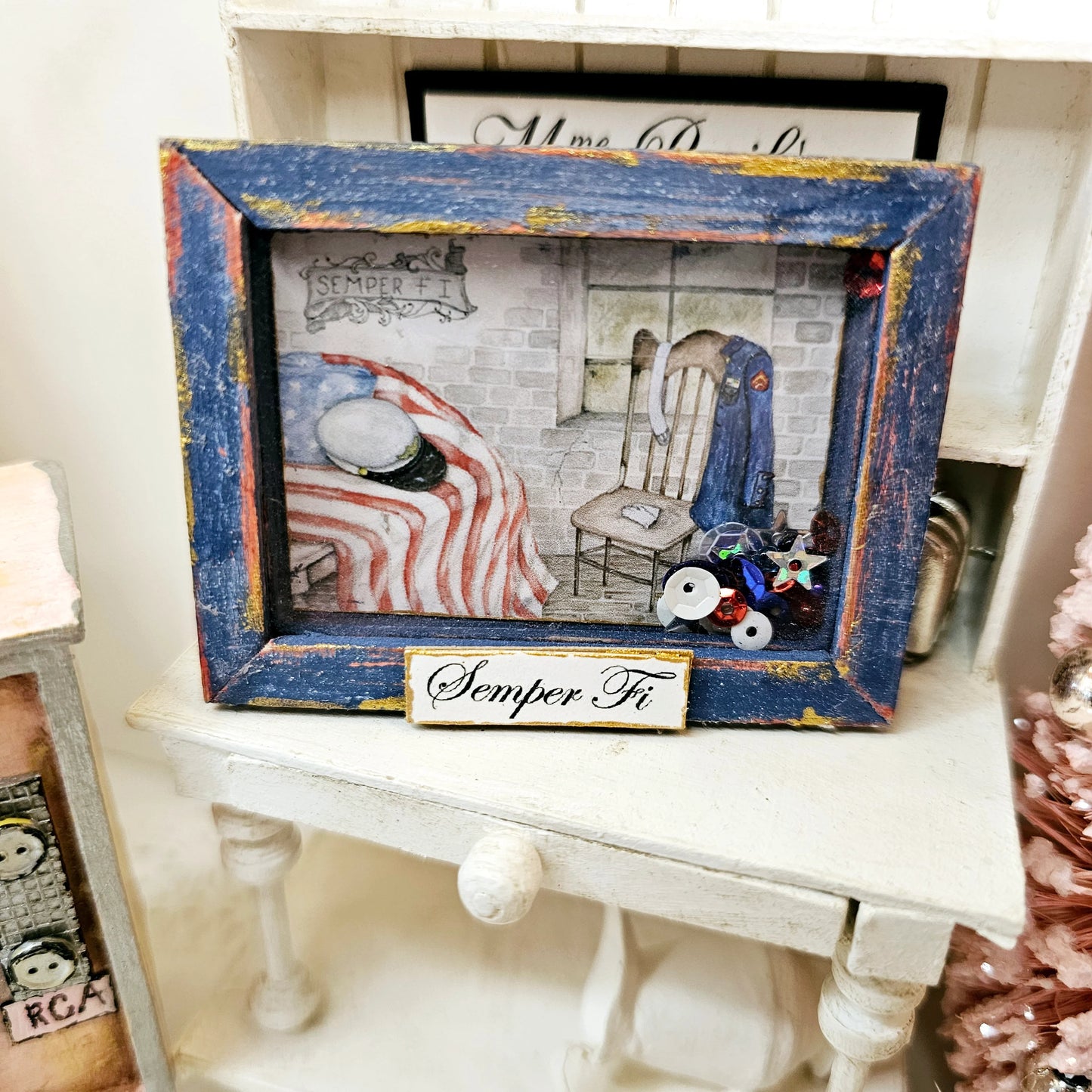 Miniature Semper Fi Framed Art 1:3 Handmade for Dollhouse Diorama Shadow Box