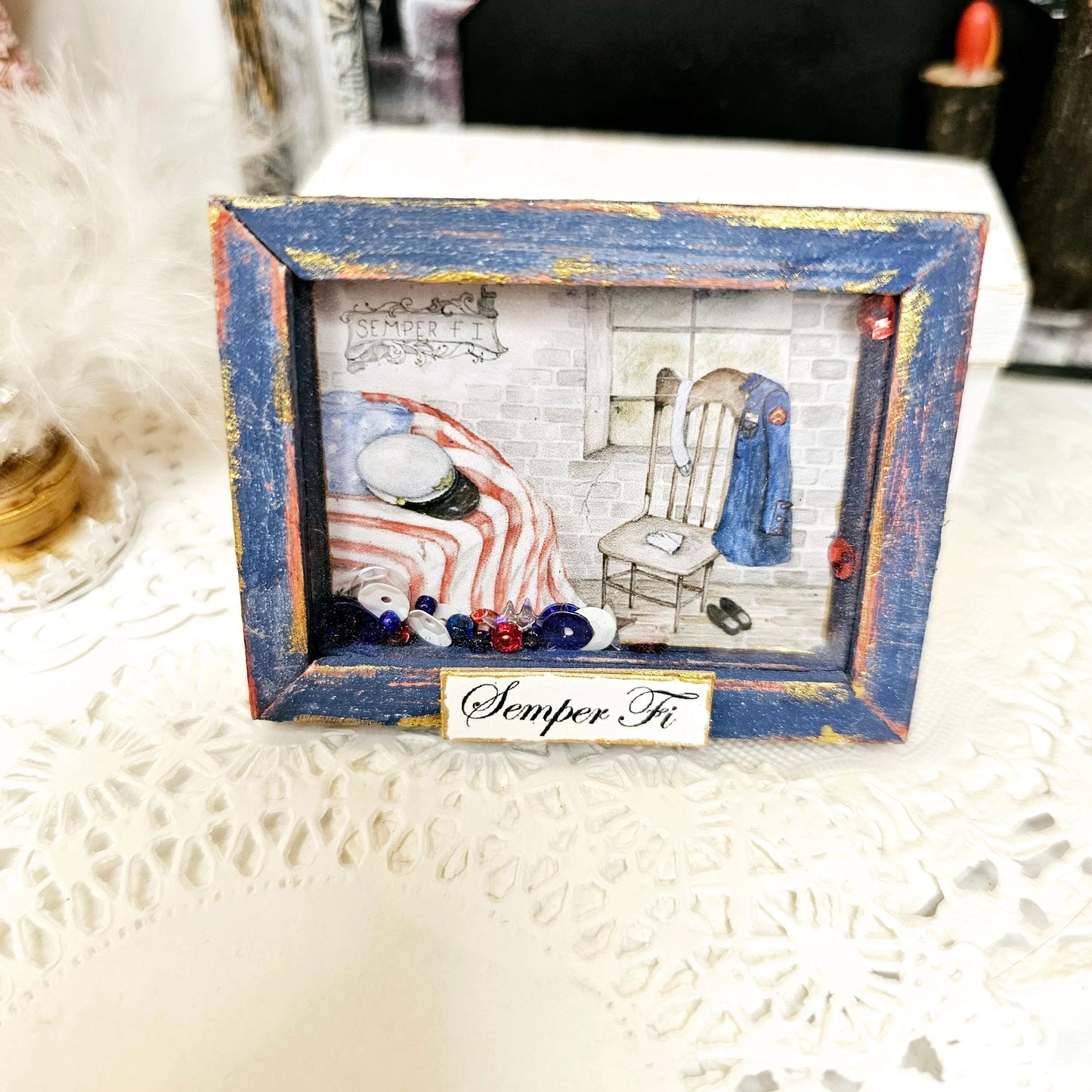 Miniature Semper Fi Framed Art 1:3 Handmade for Dollhouse Diorama Shadow Box