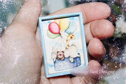 Animals & Balloons No.1:4 Dollhouse Miniature Handmade Wooden Framed Art