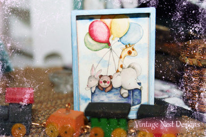 Animals & Balloons No.1:4 Dollhouse Miniature Handmade Wooden Framed Art