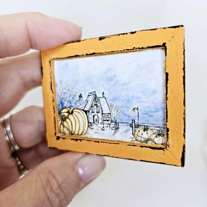 Miniatur-Halloween-Kürbisse Nr. 2:4 Orange Holzrahmen Puppenhaus Wanddekoration